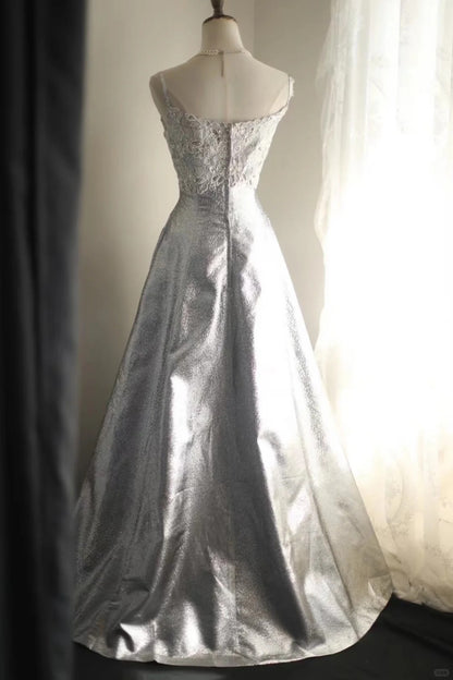 Elegant A-line Spaghetti Straps Silver Long Evening Dress Satin Prom Dress TH283