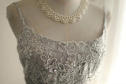 Elegant A-line Spaghetti Straps Silver Long Evening Dress Satin Prom Dress TH283