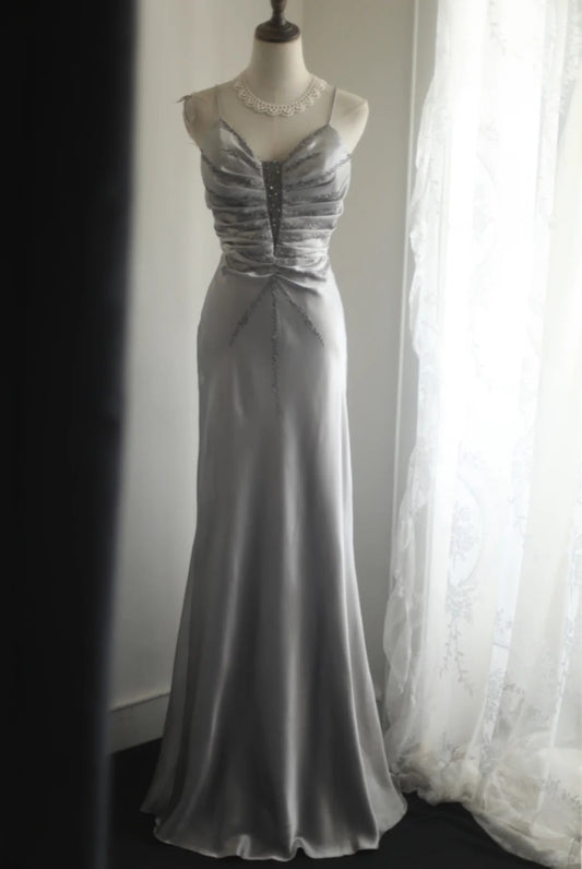 Elegant Sheath Silver Spaghetti Straps  Long Evening Dress Beaded Satin Prom Dress TH286