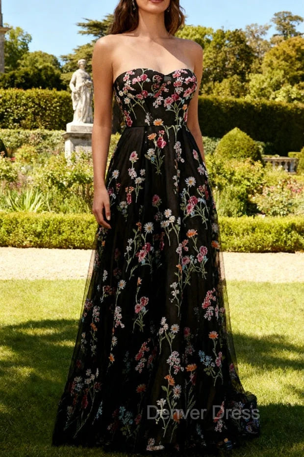 Strapless Black Floral A Line Long Prom Dress TH289