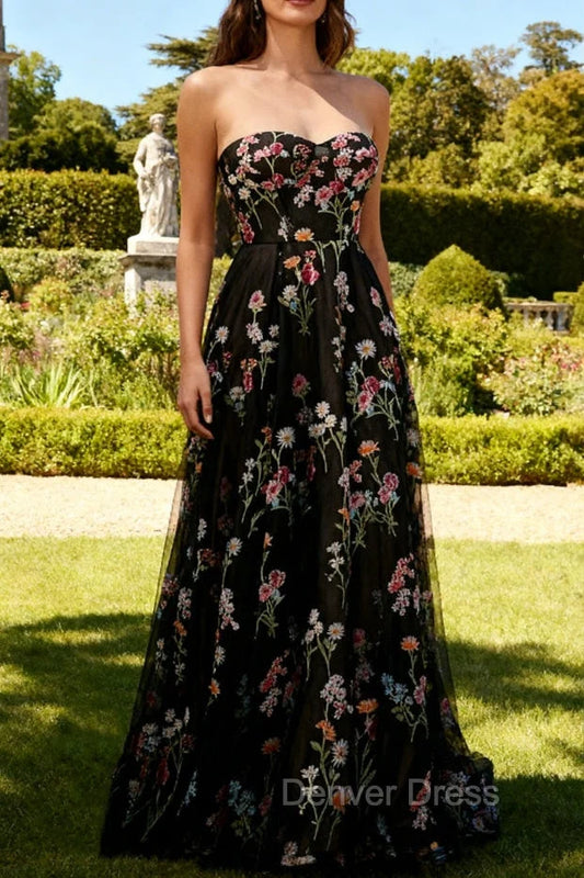 Strapless Black Floral A Line Long Prom Dress TH289