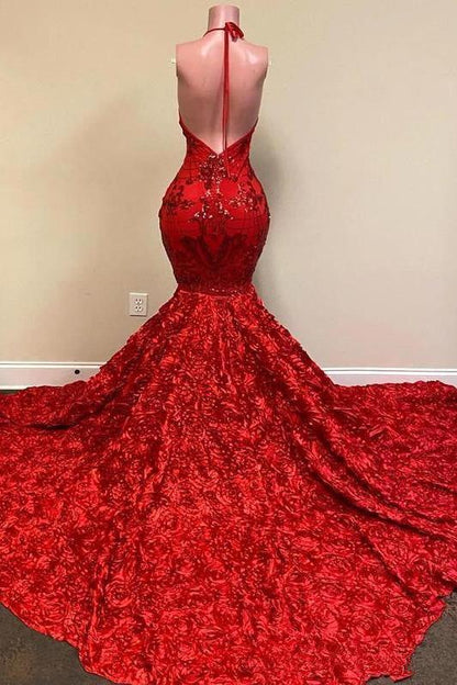 Burgundy Halter Mermaid V-Neck Low Back Flowers Prom Dresses TH290