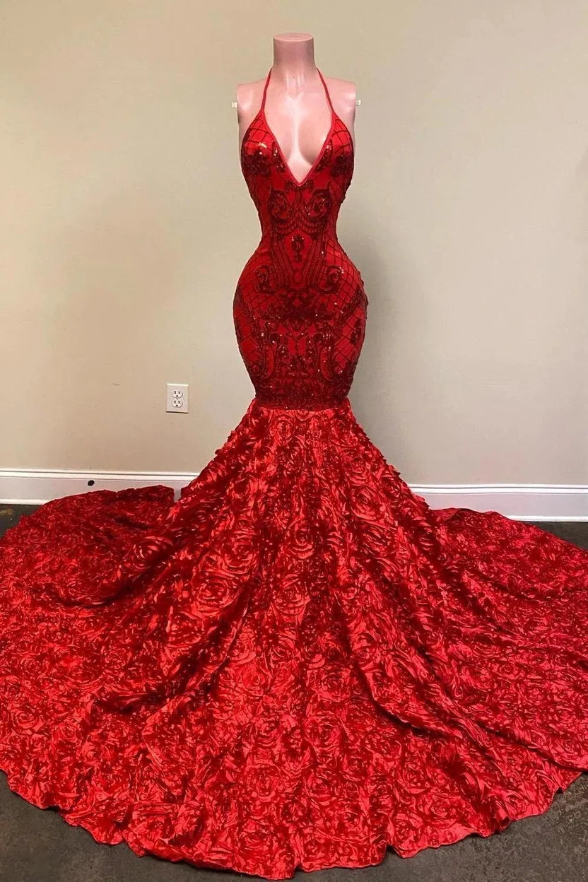 Burgundy Halter Mermaid V-Neck Low Back Flowers Prom Dresses TH290