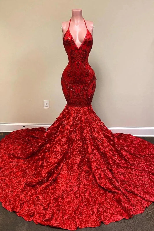 Burgundy Halter Mermaid V-Neck Low Back Flowers Prom Dresses TH290