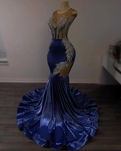 Dusty Blue Shiny Silver Beaded Mermaid Court Train Prom Dresses TH291