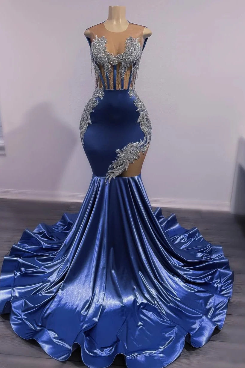 Dusty Blue Shiny Silver Beaded Mermaid Court Train Prom Dresses TH291
