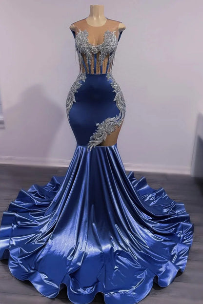 Dusty Blue Shiny Silver Beaded Mermaid Court Train Prom Dresses TH291