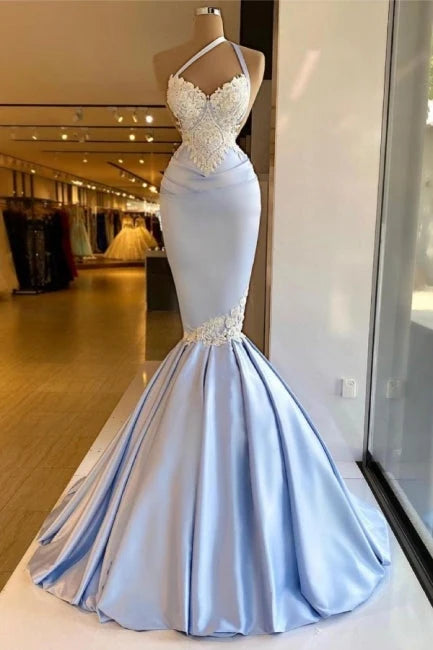 Gorgeous Halter Mermaid Prom Dress Long With Lace Appliques TH293
