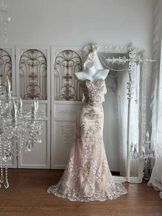 Beautiful Sheath Sweetheart Neck Pink Evening Dress Embroidered Lace Prom Dress TH295