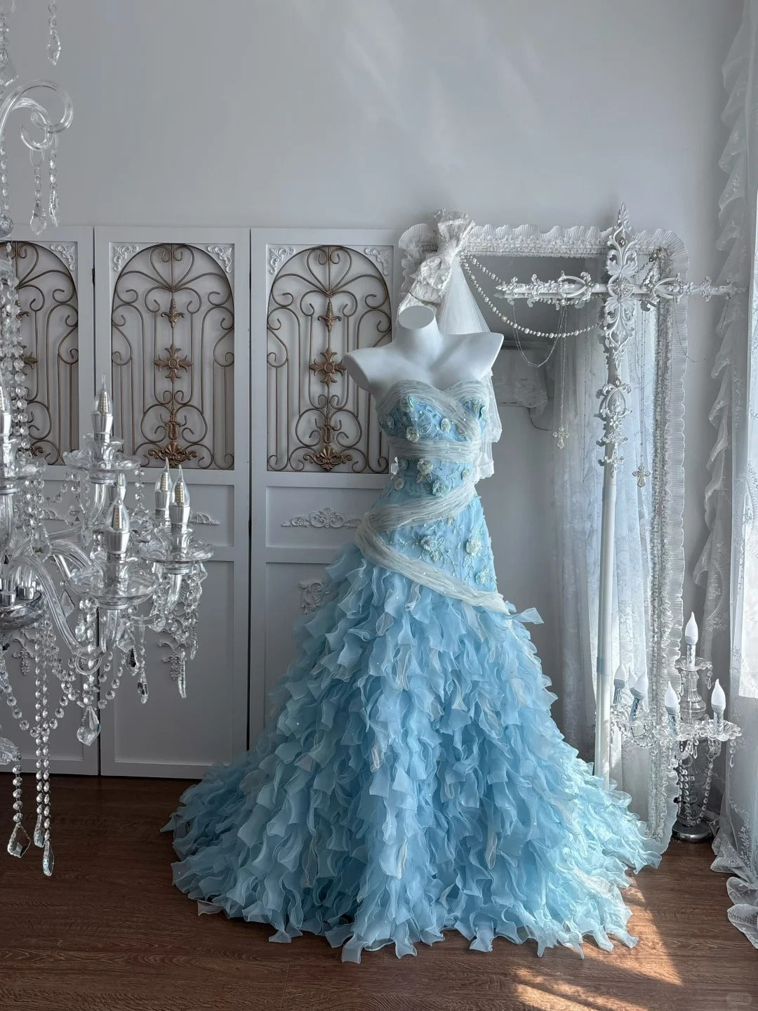 Beautiful A-line Sweetheart Neck Blue Evening Dress 3D floral appliqués Tulle Prom Dress TH296