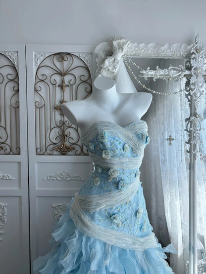 Beautiful A-line Sweetheart Neck Blue Evening Dress 3D floral appliqués Tulle Prom Dress TH296