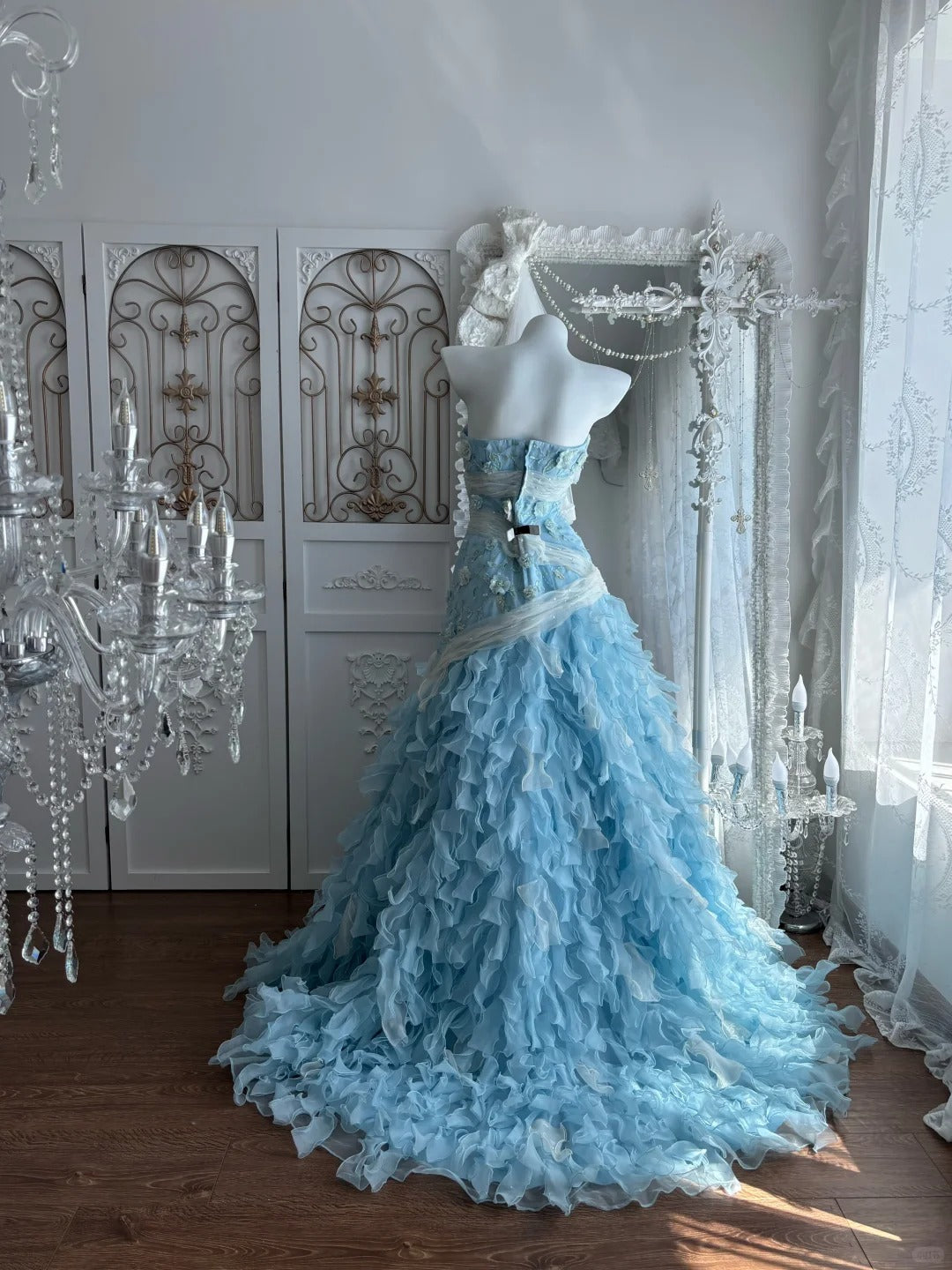 Beautiful A-line Sweetheart Neck Blue Evening Dress 3D floral appliqués Tulle Prom Dress TH296