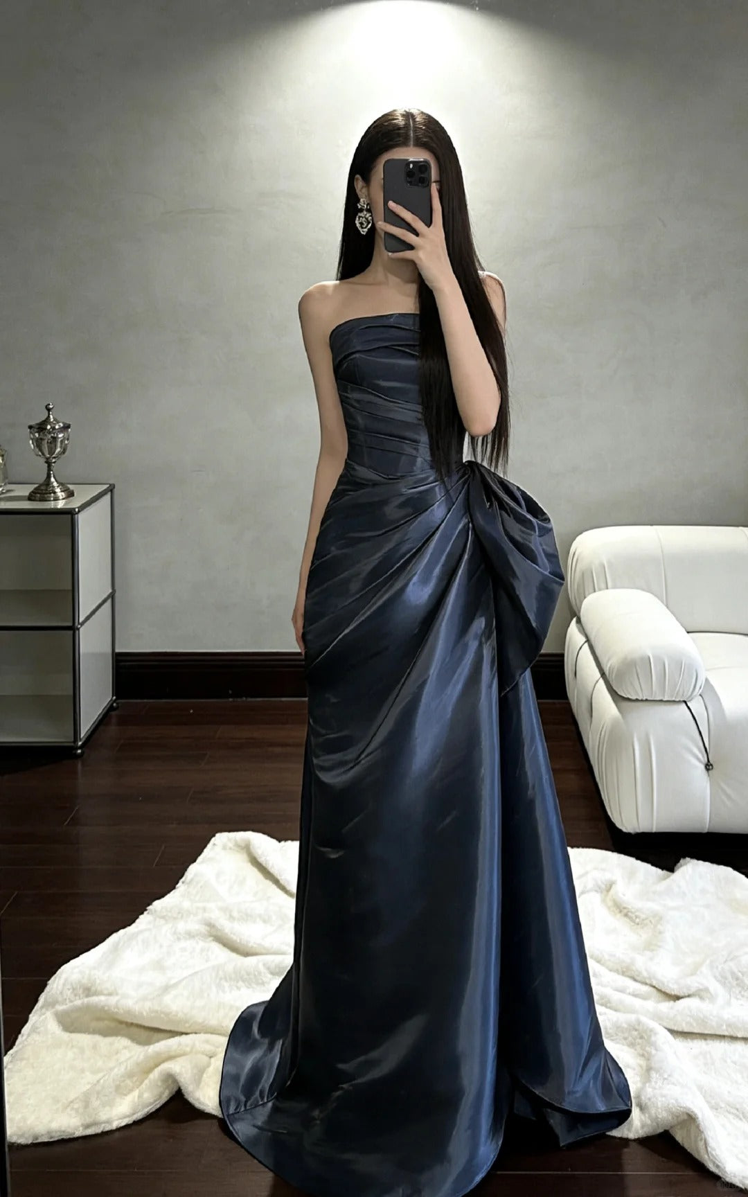 Beautiful Sheath Strapless Neck Dark Blue Evening Dress Satin Prom Dress TH297