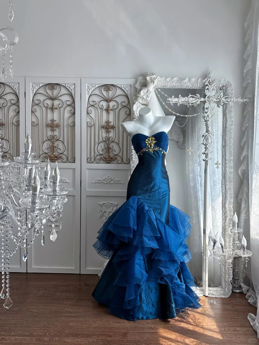 Beautiful Sheath Strapless Neck Dark Blue Evening Dress Cascade Satin Prom Dress TH298