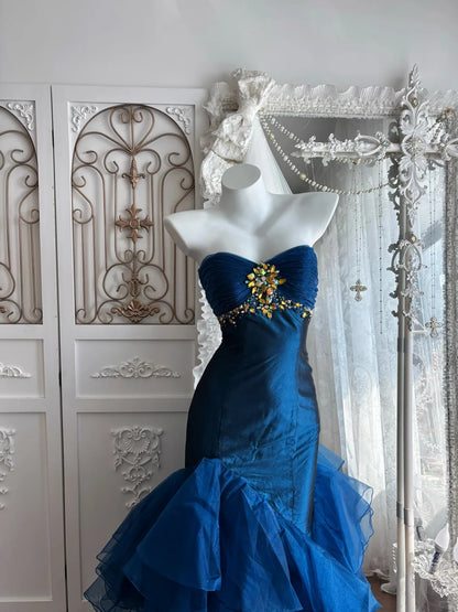 Beautiful Sheath Strapless Neck Dark Blue Evening Dress Cascade Satin Prom Dress TH298