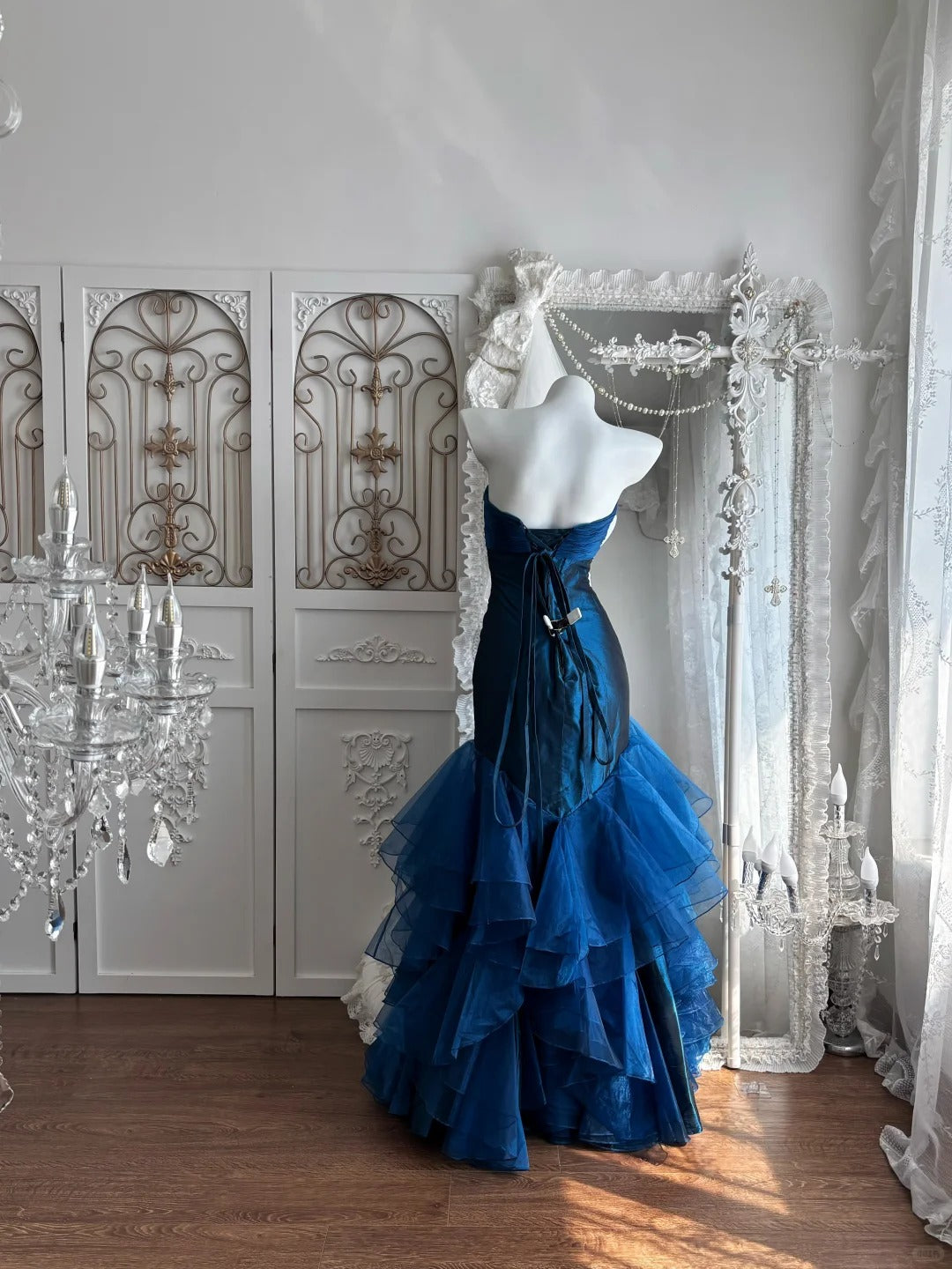 Beautiful Sheath Strapless Neck Dark Blue Evening Dress Cascade Satin Prom Dress TH298