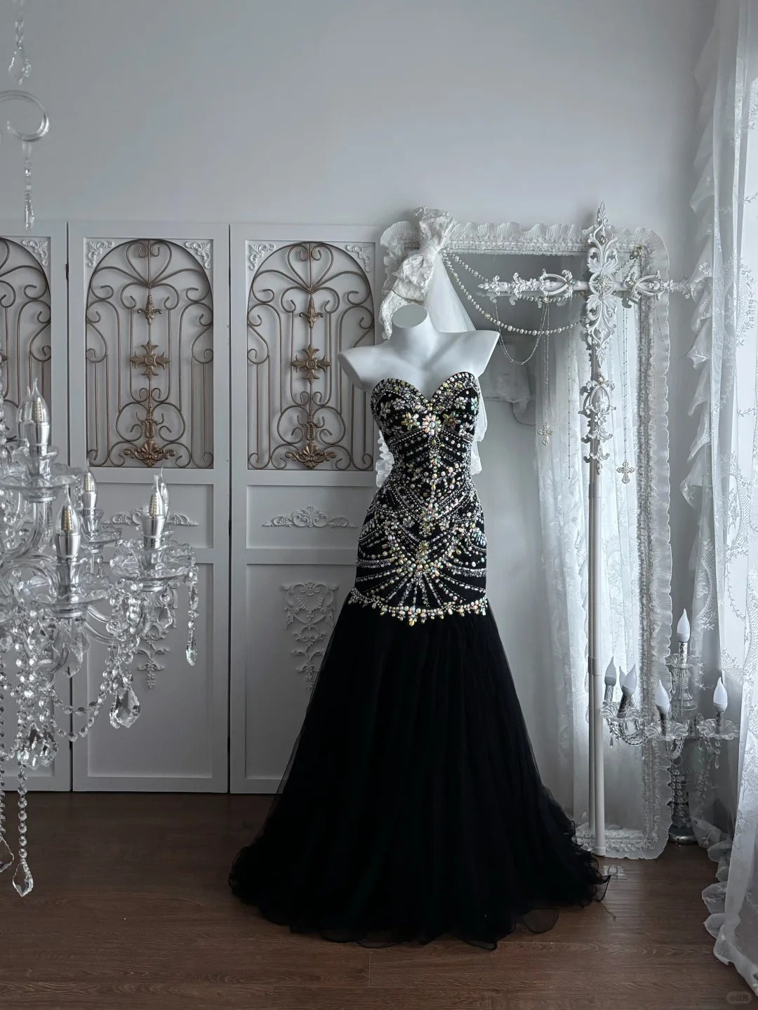Beautiful Sheath Sweetheart Neck Dark Black Evening Dress Beaded Tulle Prom Dress TH299