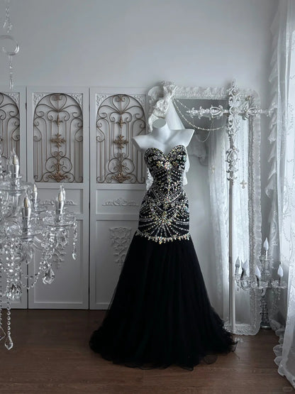 Beautiful Sheath Sweetheart Neck Dark Black Evening Dress Beaded Tulle Prom Dress TH299