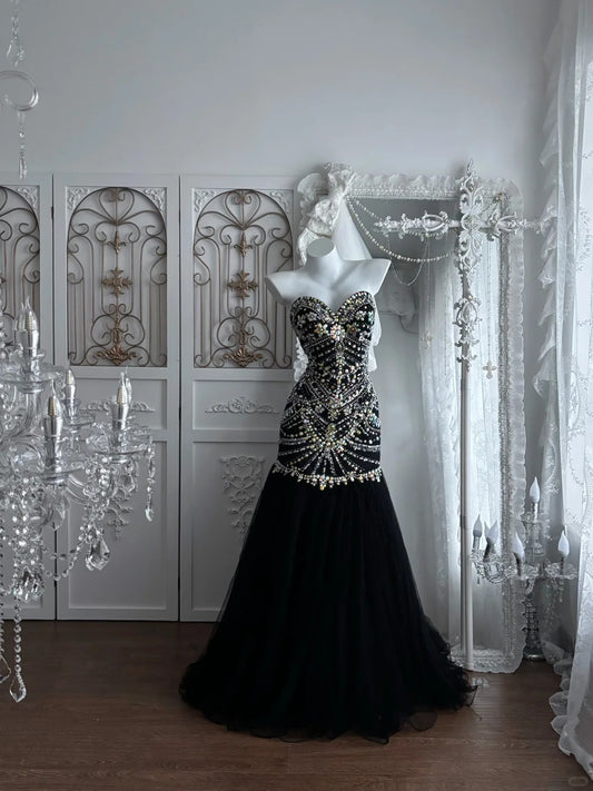 Beautiful Sheath Sweetheart Neck Dark Black Evening Dress Beaded Tulle Prom Dress TH299