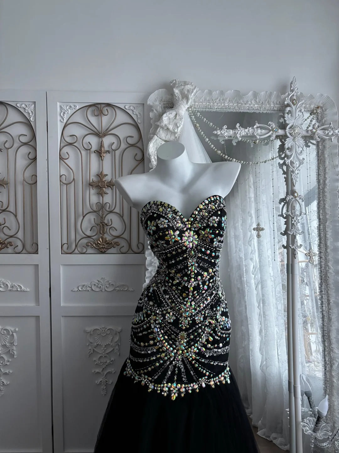 Beautiful Sheath Sweetheart Neck Dark Black Evening Dress Beaded Tulle Prom Dress TH299