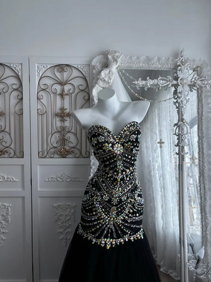 Beautiful Sheath Sweetheart Neck Dark Black Evening Dress Beaded Tulle Prom Dress TH299