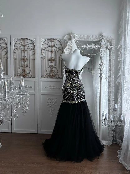 Beautiful Sheath Sweetheart Neck Dark Black Evening Dress Beaded Tulle Prom Dress TH299