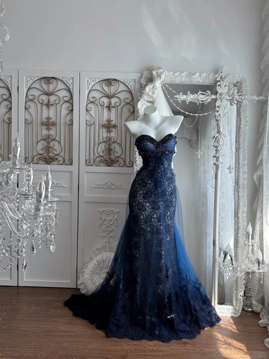 Beautiful Sheath Sweetheart Neck Dark Blue Evening Dress Beaded Lace Prom Dress TH300