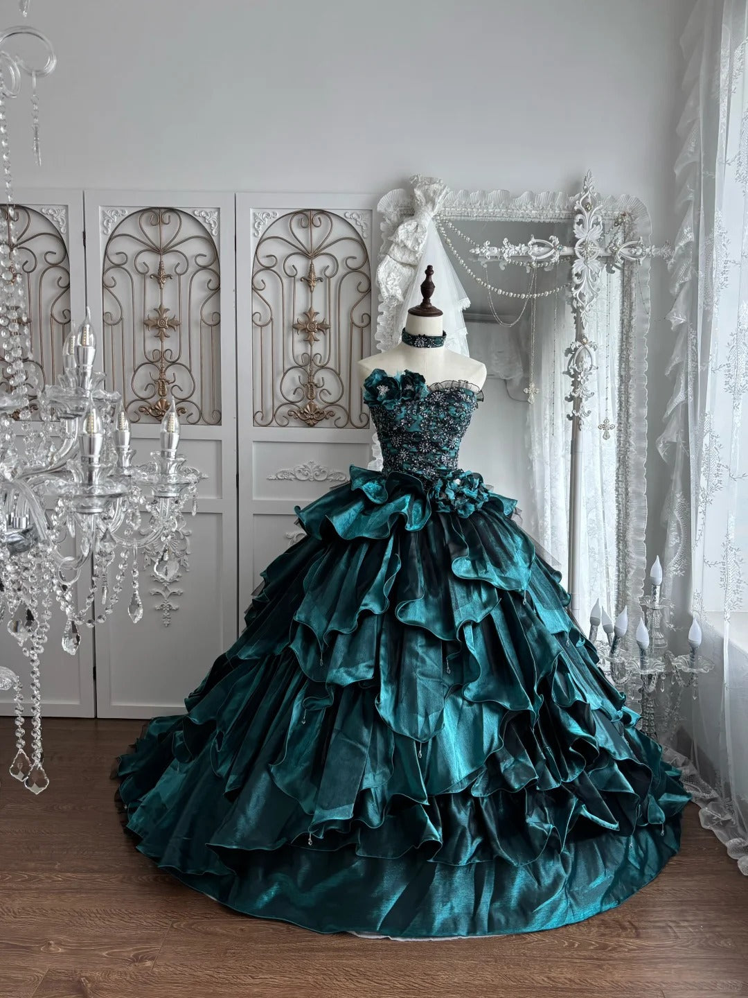 Beautiful Ball Gown Strapless Neck Blue Evening Dress Cascade Satin Prom Dress TH301