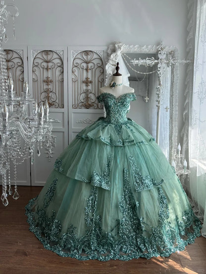 Beautiful Ball Gown Strapless Neck Green Evening Dress Cascade Lace Prom Dress TH303