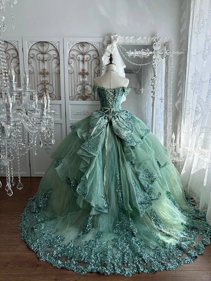 Beautiful Ball Gown Strapless Neck Green Evening Dress Cascade Lace Prom Dress TH303