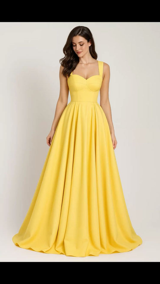 Beautiful A-line Square Neck Yellow Evening Dress Satin Prom Dress TH304