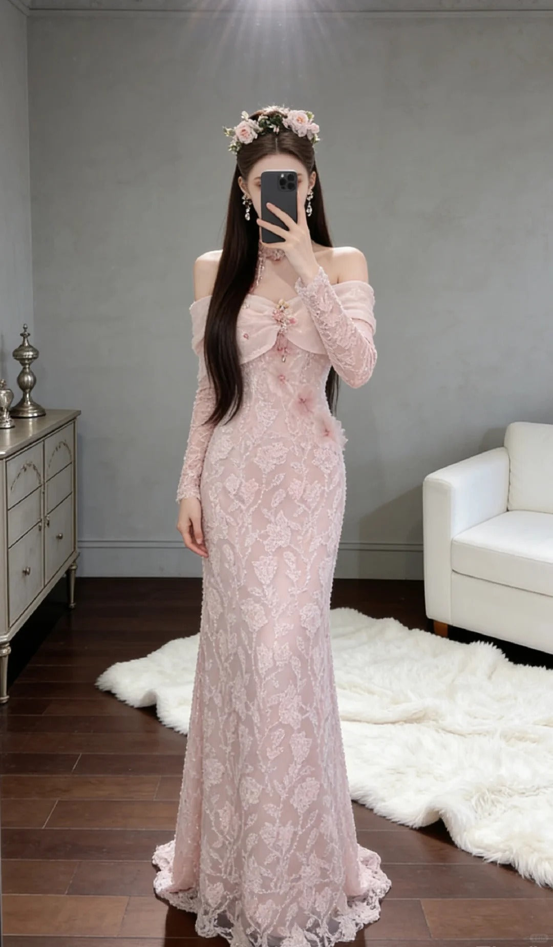 Beautiful Sheath Off-the-Shoulder Pink Evening Dress Lace Prom Dress TH305
