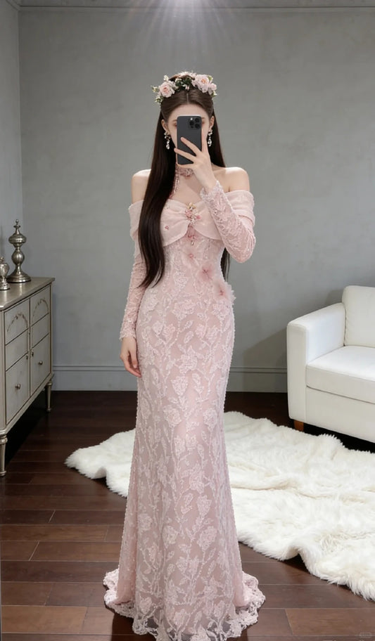 Beautiful Sheath Off-the-Shoulder Pink Evening Dress Lace Prom Dress TH305