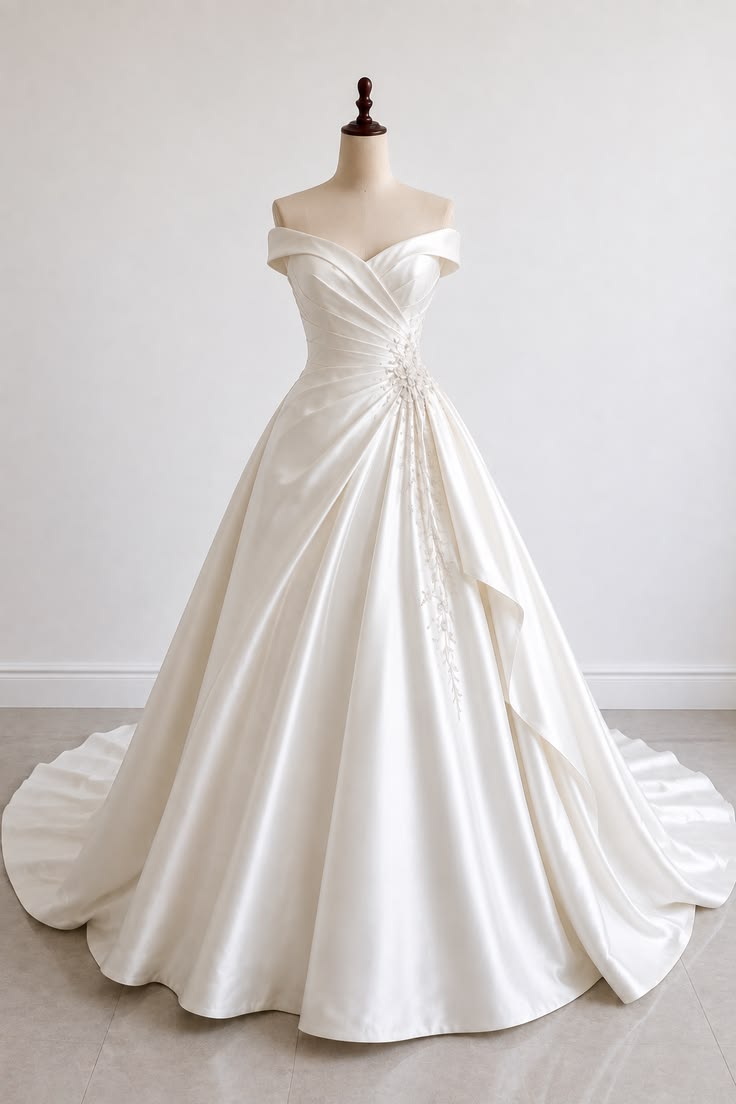 Elegant Ball Gown Off-the-Shoulder  Long Wedding Dress Satin White Prom Dress TH311