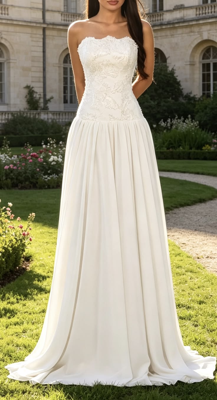 Elegant A-line Strapless Long Wedding Dress Lace White Prom Dress TH313