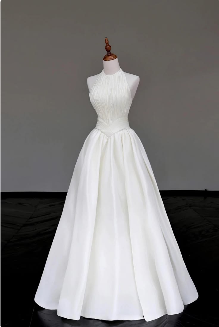 Elegant A-line Halter Long Wedding Dress Satin White Prom Dress TH314