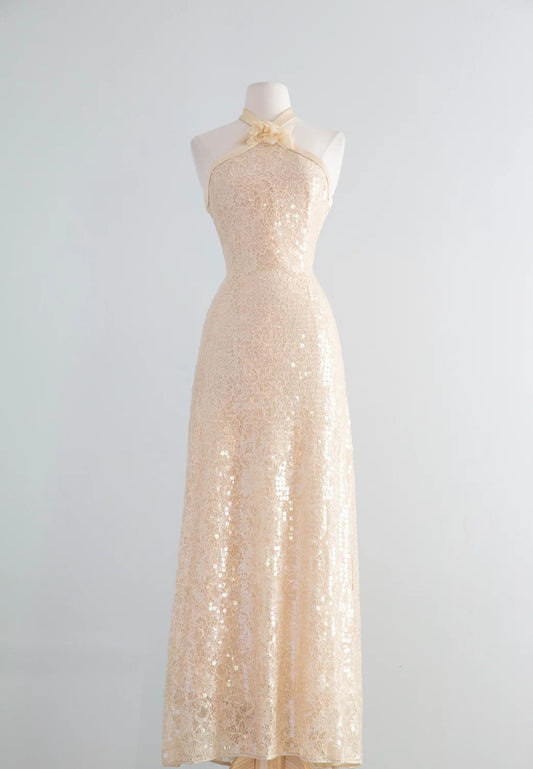 Beautiful Sheath Halter Gold Evening Dress Sequins Tulle Prom Dress TH317