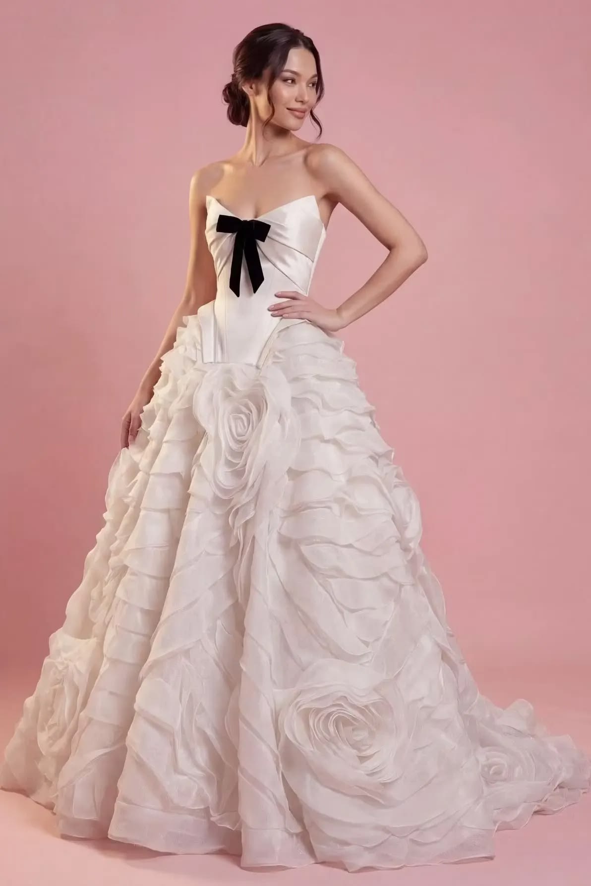 Beautiful A-line V Neck Pink Evening Dress 3D floral appliqués Cascade Tulle Prom Dress TH318