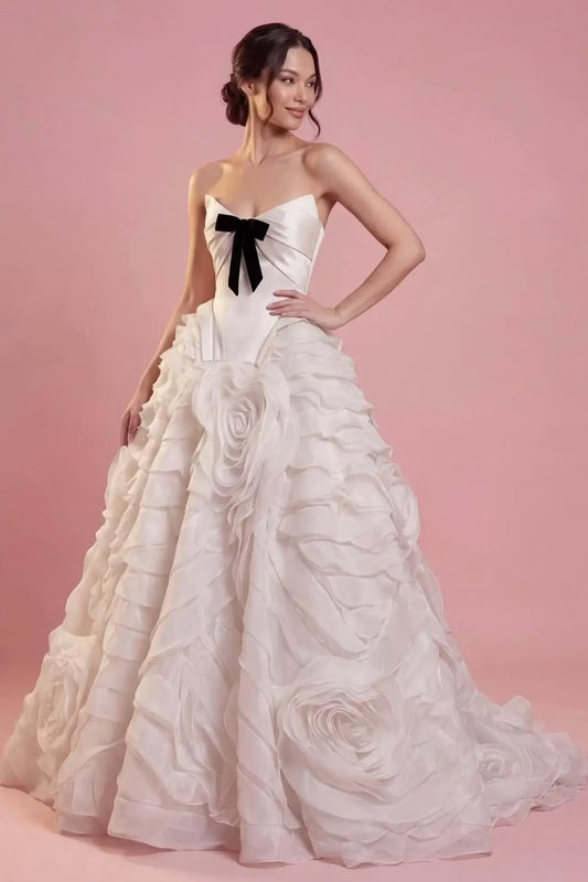 Beautiful A-line V Neck Pink Evening Dress 3D floral appliqués Cascade Tulle Prom Dress TH318
