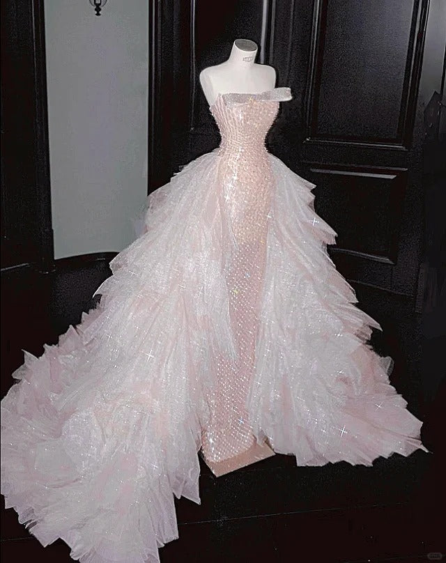 Beautiful Sheath Off-the-Shoulder Pink Evening Dress Sequins Tulle Prom Dress TH319