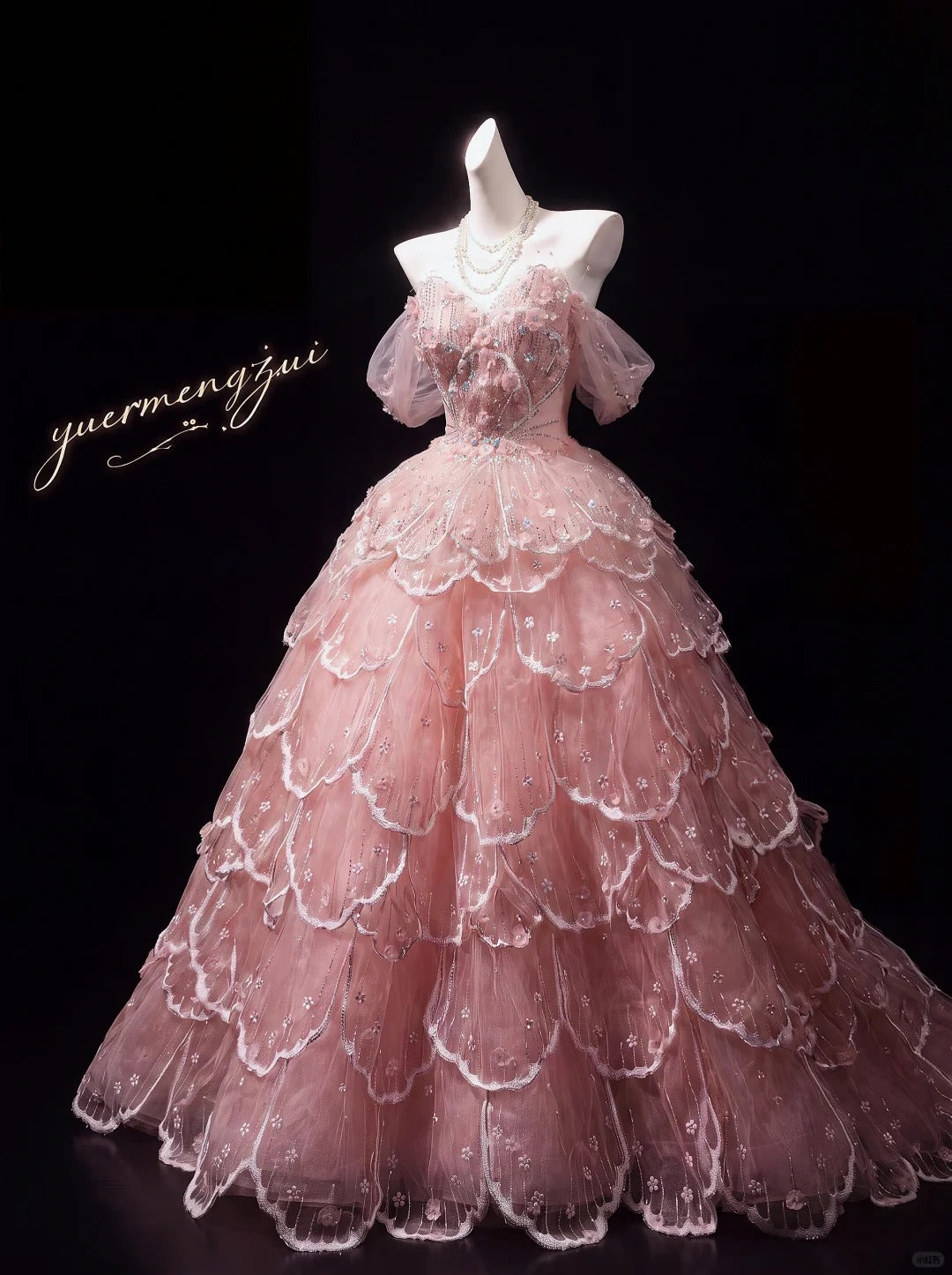 Beautiful A-line Sweetheart Pink Evening Dress Cascade Tulle Prom Dress TH320