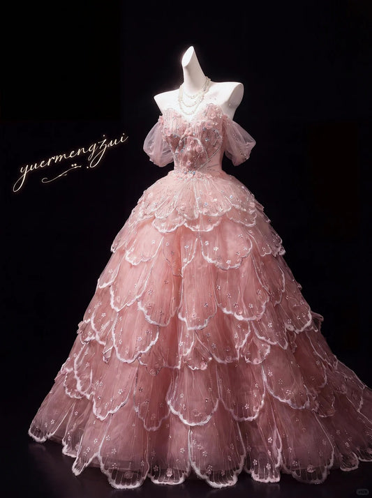 Beautiful A-line Sweetheart Pink Evening Dress Cascade Tulle Prom Dress TH320