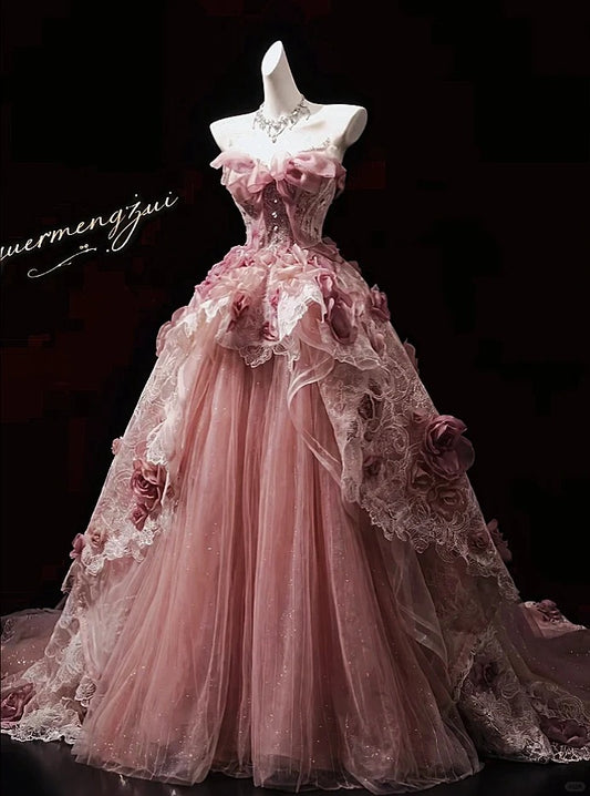 Beautiful A-line Sweetheart Pink Evening Dress 3D floral appliqués Tulle Prom Dress TH321