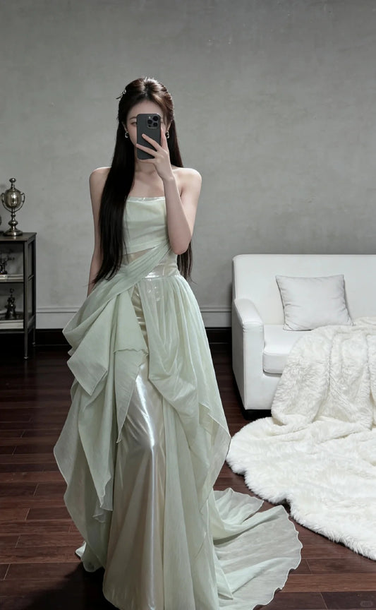 Beautiful Sheath Off-the-Shoulder Green Evening Dress Tulle Prom Dress TH324