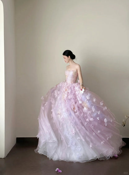 Beautiful Ball Gown Off-the-Shoulder Pink Evening Dress 3D fabric appliqué Tulle Prom Dress TH328