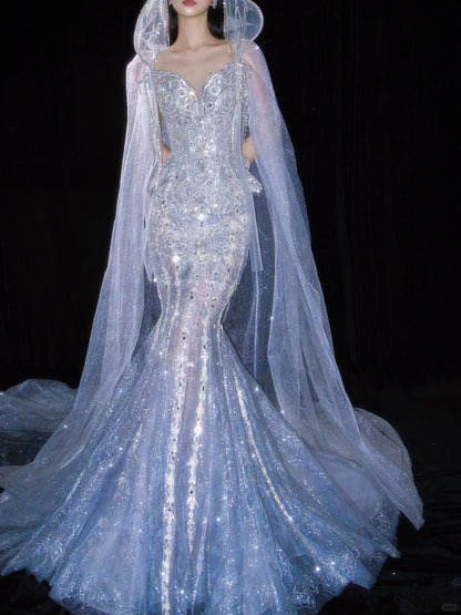 Beautiful Mermaid Sweetheart Silver Evening Dress Beaded Tulle Prom Dress TH329