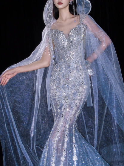 Beautiful Mermaid Sweetheart Silver Evening Dress Beaded Tulle Prom Dress TH329