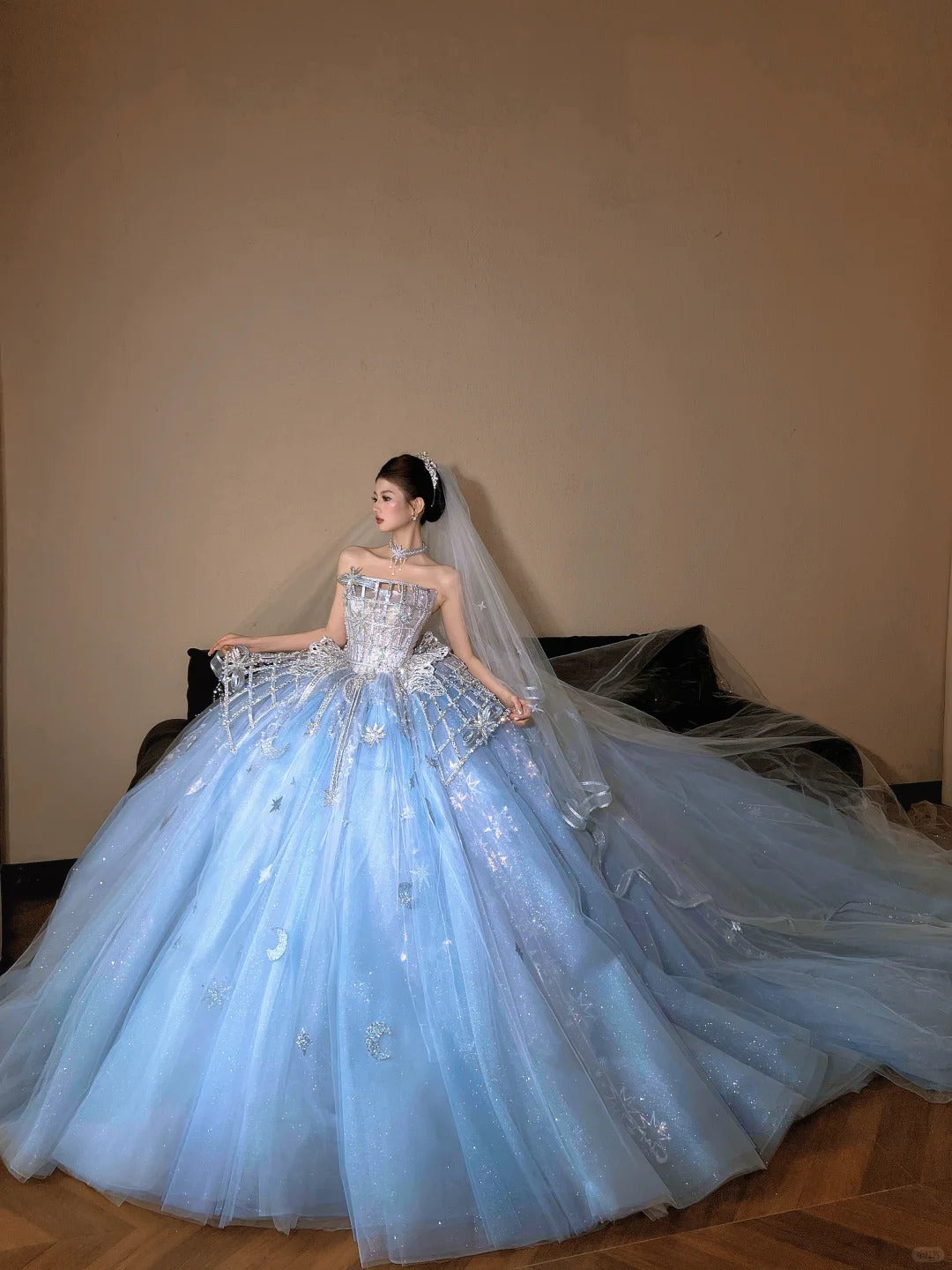 Beautiful Ball Gown Off-the-Shoulder Blue Evening Dress Beaded Tulle Prom Dress TH330