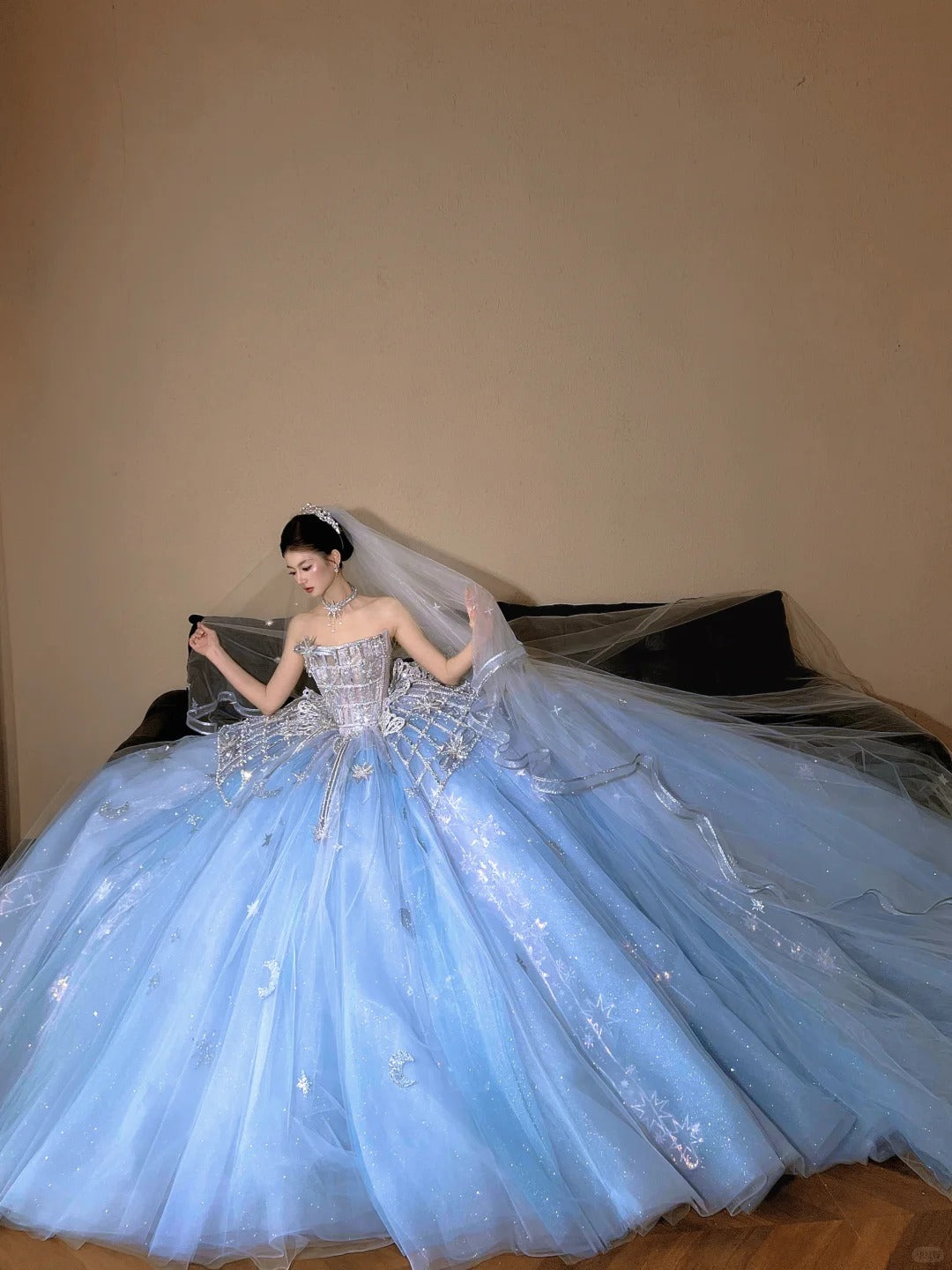 Beautiful Ball Gown Off-the-Shoulder Blue Evening Dress Beaded Tulle Prom Dress TH330
