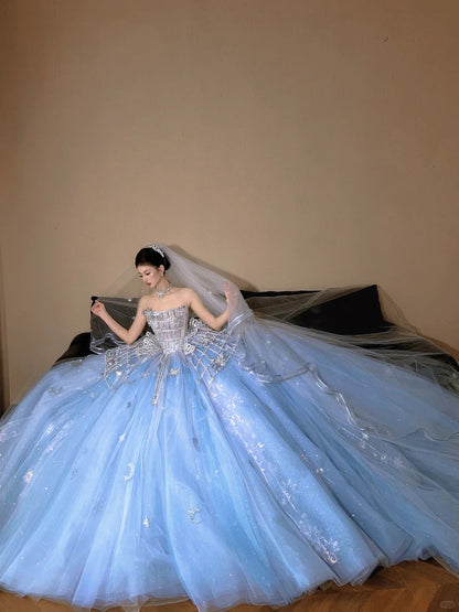 Beautiful Ball Gown Off-the-Shoulder Blue Evening Dress Beaded Tulle Prom Dress TH330